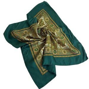 Green Brown Brocade Floral Square Silk Scarf 23.25”